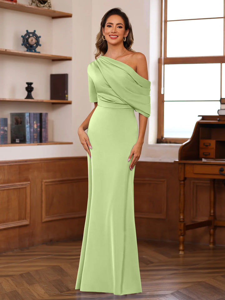 Sheath/Column One-Shoulder Half Sleeves Floor-Length Silk Satin Mother of the Bride Dresses with Ruffles