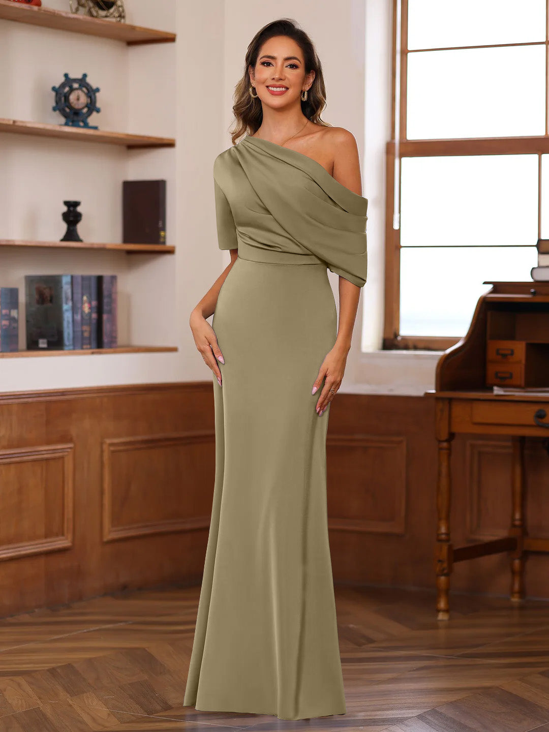 Sheath/Column One-Shoulder Half Sleeves Floor-Length Silk Satin Mother of the Bride Dresses with Ruffles