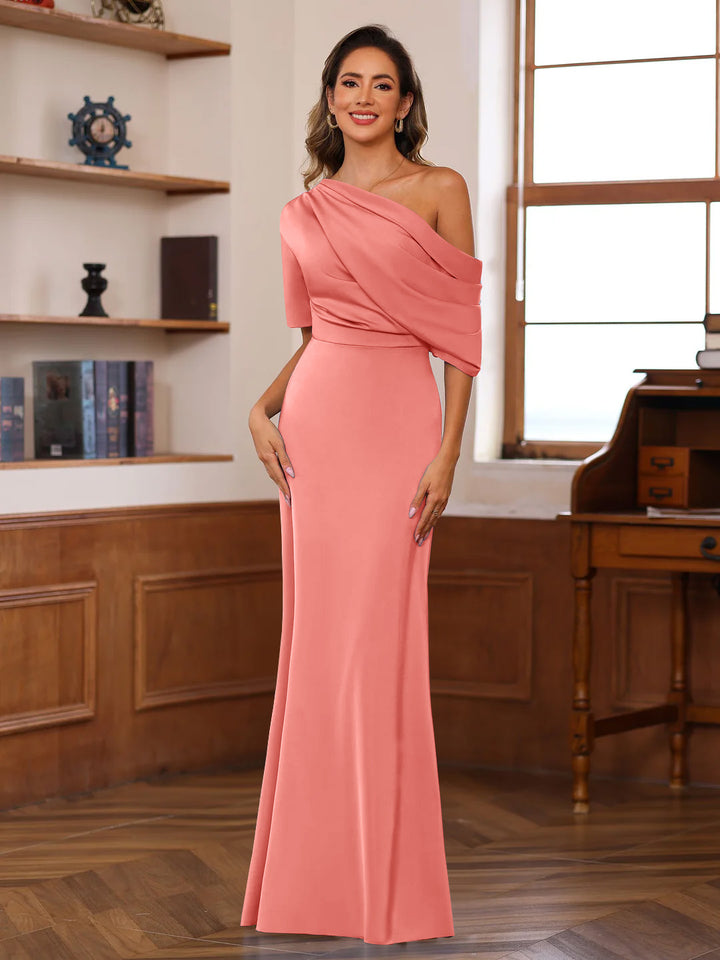 Sheath/Column One-Shoulder Half Sleeves Floor-Length Silk Satin Mother of the Bride Dresses with Ruffles