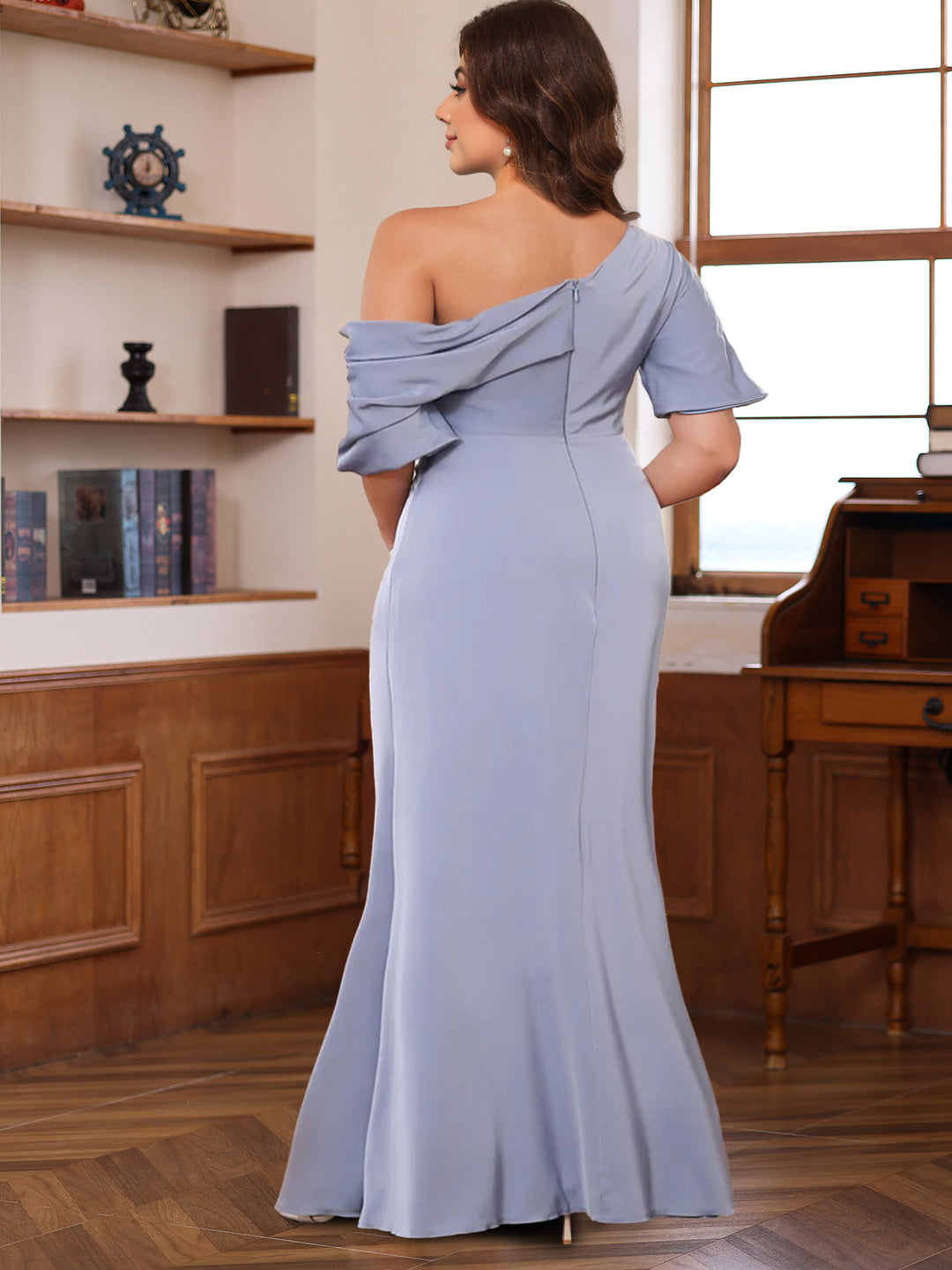 Sheath/Column One-Shoulder Half Sleeves Floor-Length Silk Satin Mother of the Bride Dresses with Ruffles Dusty Rose Sheath/Column One-Shoulder Half Sleeves Floor-Length Silk Satin Mother of the Bride Dresses with Ruffles Dusty Rose