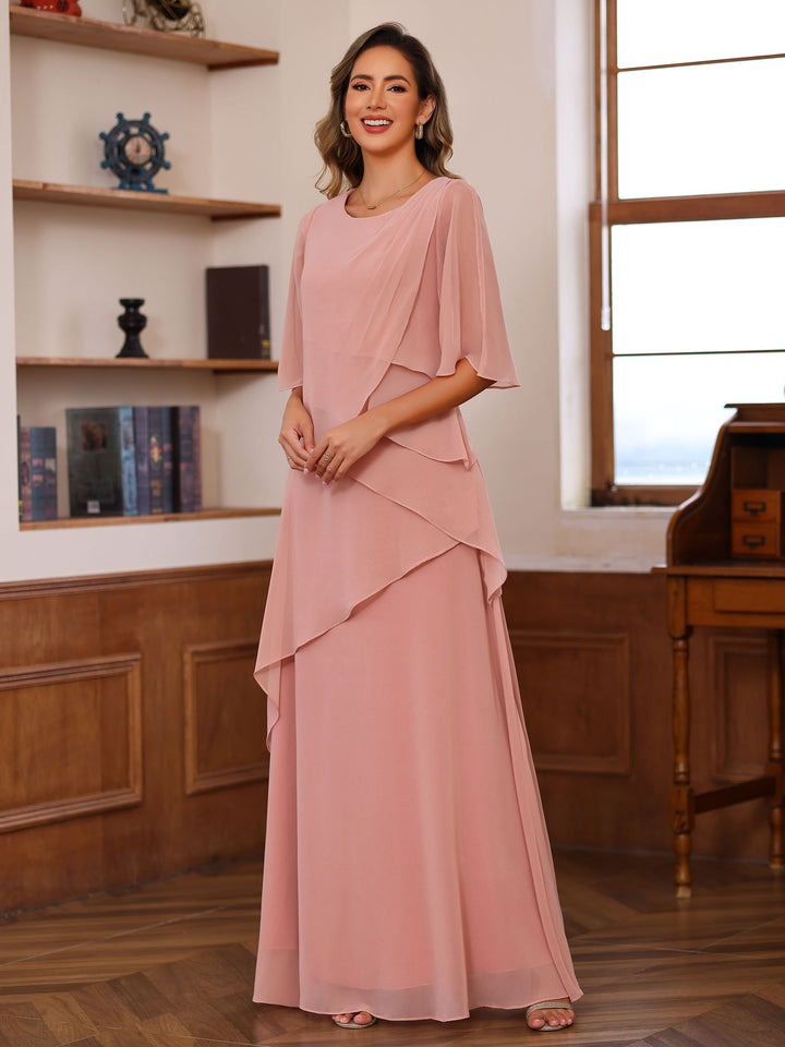 A-Line/Princess Scoop Neck Half Sleeves Floor-Length Mother of the Bride Dresses with Ruffles