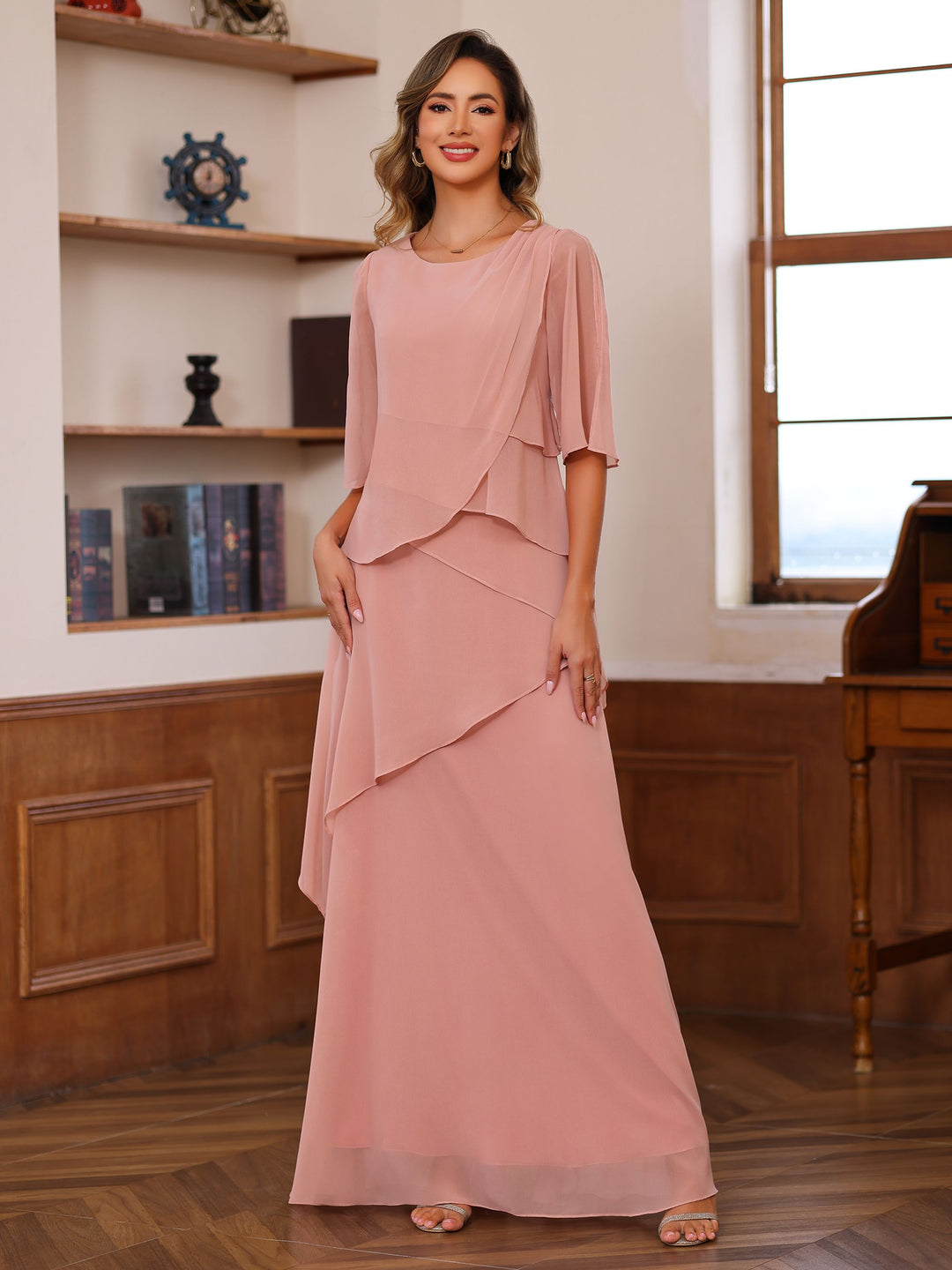 Chiffon Mother of the Bride Dresses 2026 Women's A-Line Scoop Neck Half Sleeves Floor-Length Wedding Party Guest Dress with Ruffles, As Pic Chiffon Mother of the Bride Dresses 2026 Women's A-Line Scoop Neck Half Sleeves Floor-Length Wedding Party Guest Dress with Ruffles, As Pic