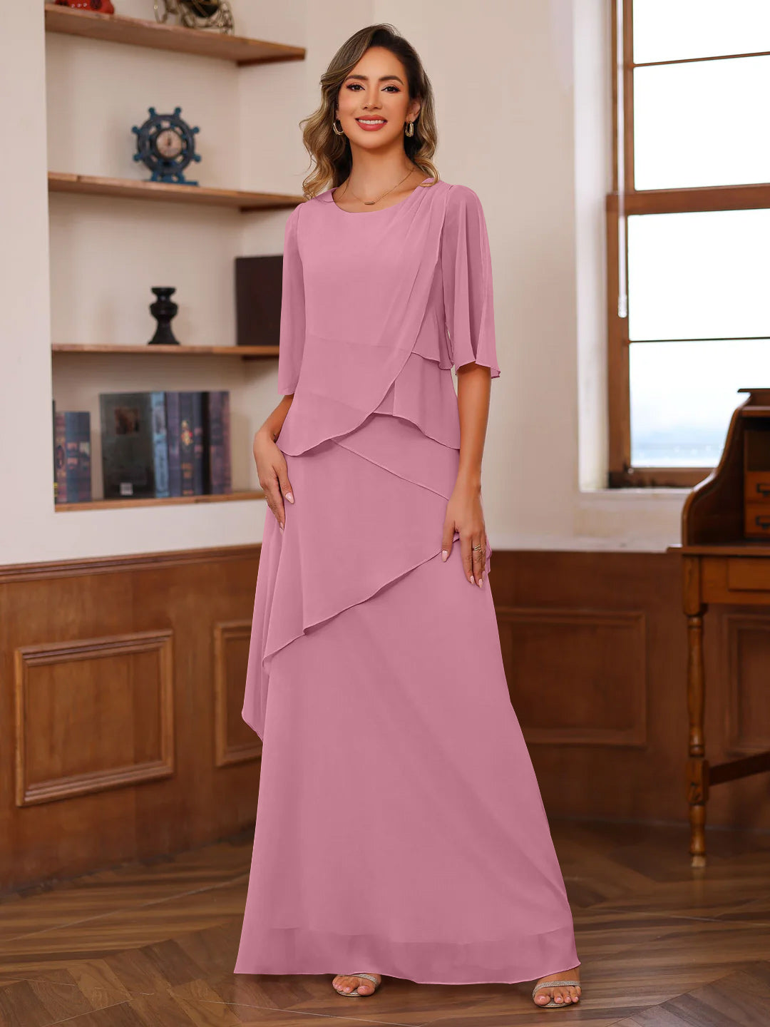 Chiffon Mother of the Bride Dresses 2026 Women's A-Line Scoop Neck Half Sleeves Floor-Length Wedding Party Guest Dress with Ruffles, As Pic Chiffon Mother of the Bride Dresses 2026 Women's A-Line Scoop Neck Half Sleeves Floor-Length Wedding Party Guest Dress with Ruffles, As Pic