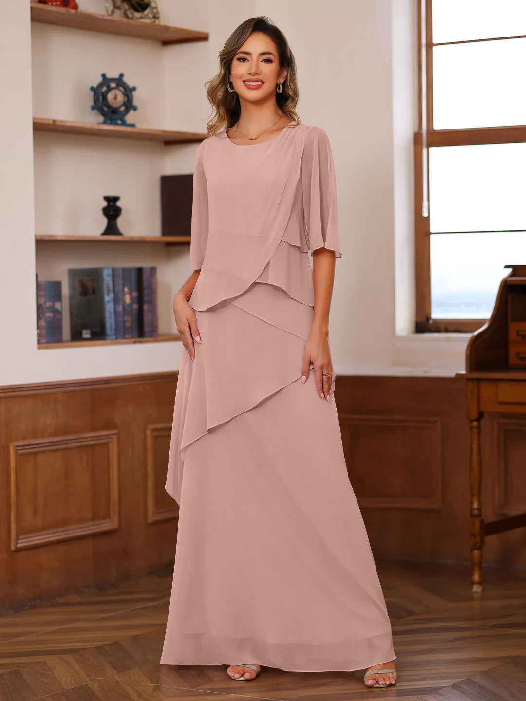 rose pink half sleeves dress Dusty Rose Mother Of The Bride Gowns A-Line V-Neck Half Sleeves Appliques Waist Floor Length Chiffon Mother Of The Bride Dress