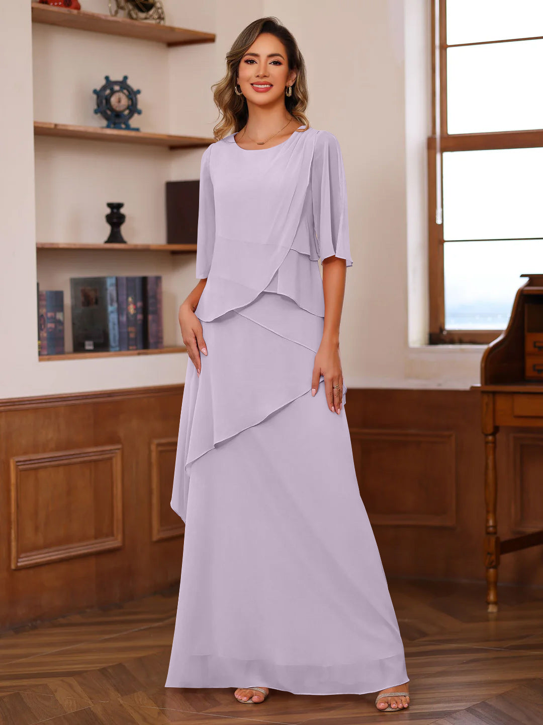 A-Line/Princess Scoop Neck Half Sleeves Floor-Length Mother of the Bride Dresses with Ruffles Lilac A-Line/Princess Scoop Neck Half Sleeves Floor-Length Mother of the Bride Dresses with Ruffles Lilac