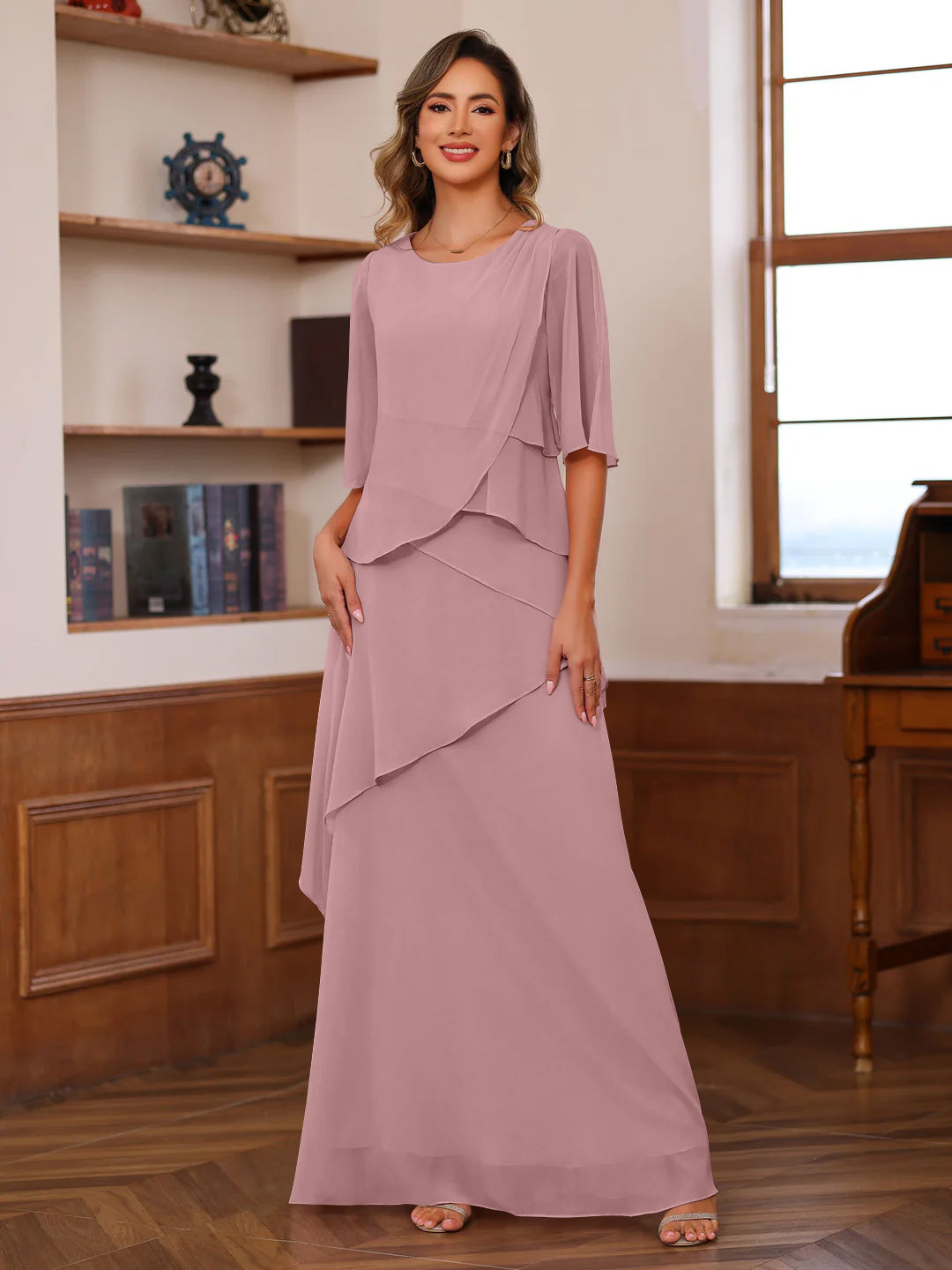 A-Line/Princess Scoop Neck Half Sleeves Floor-Length Mother of the Bride Dresses with Ruffles Mauve