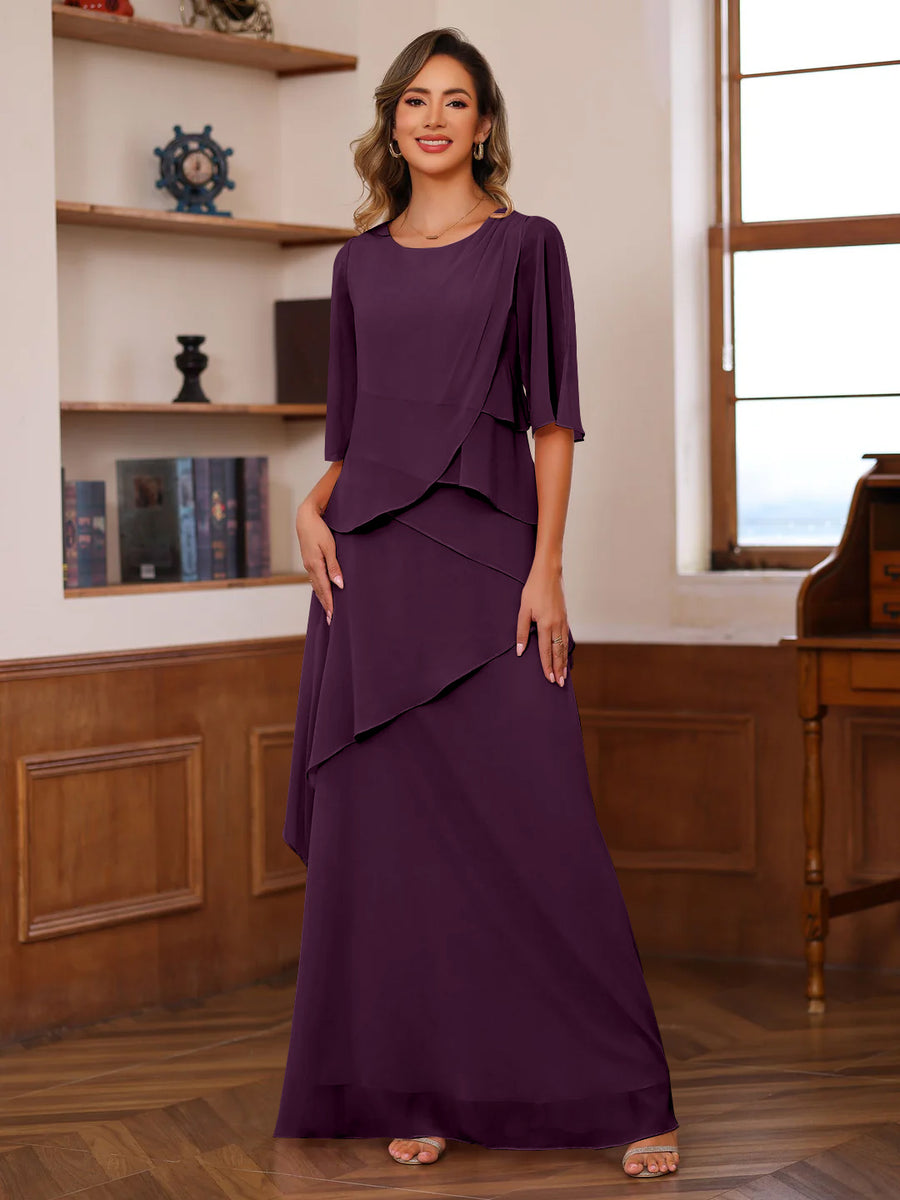 A-Line/Princess Scoop Neck Half Sleeves Floor-Length Mother of the Bride Dresses with Ruffles