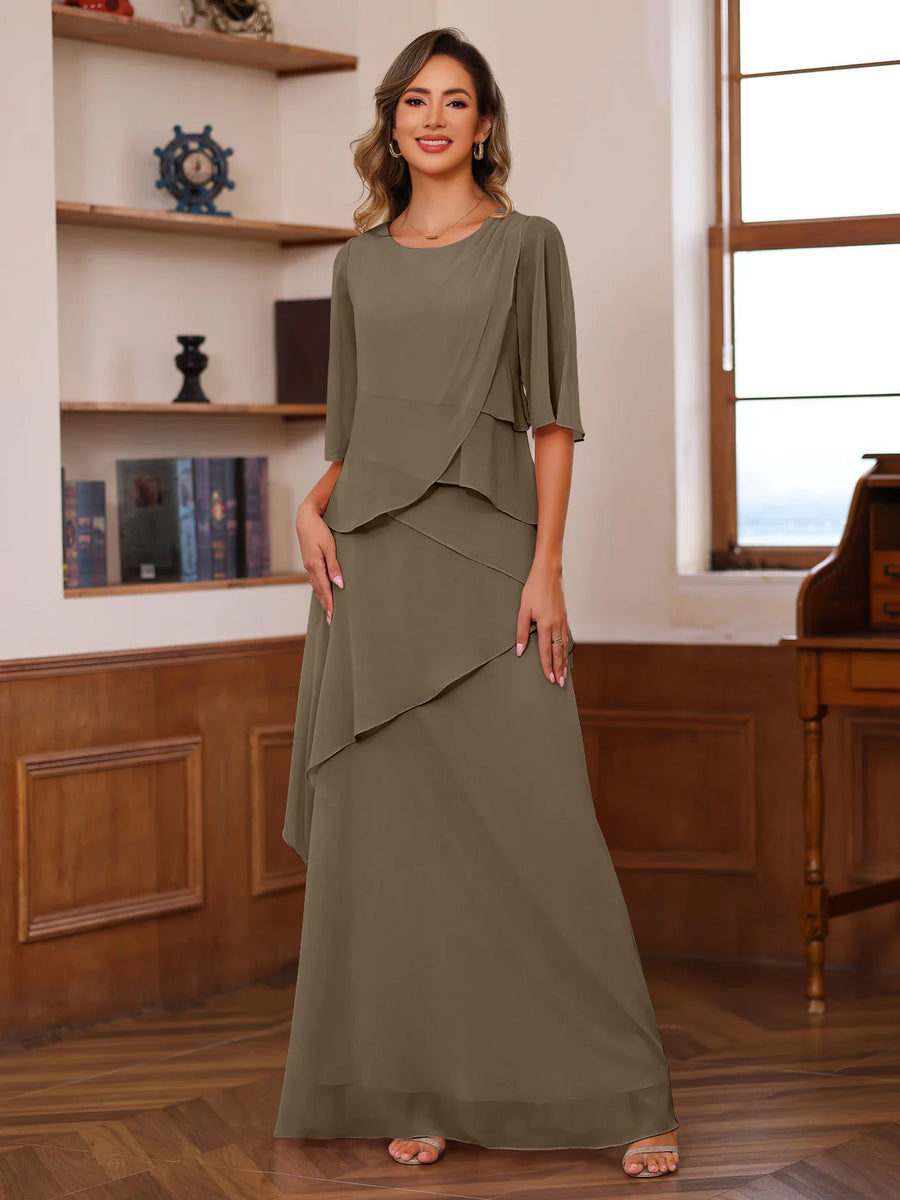 A-Line/Princess Scoop Neck Half Sleeves Floor-Length Mother of the Bride Dresses with Ruffles