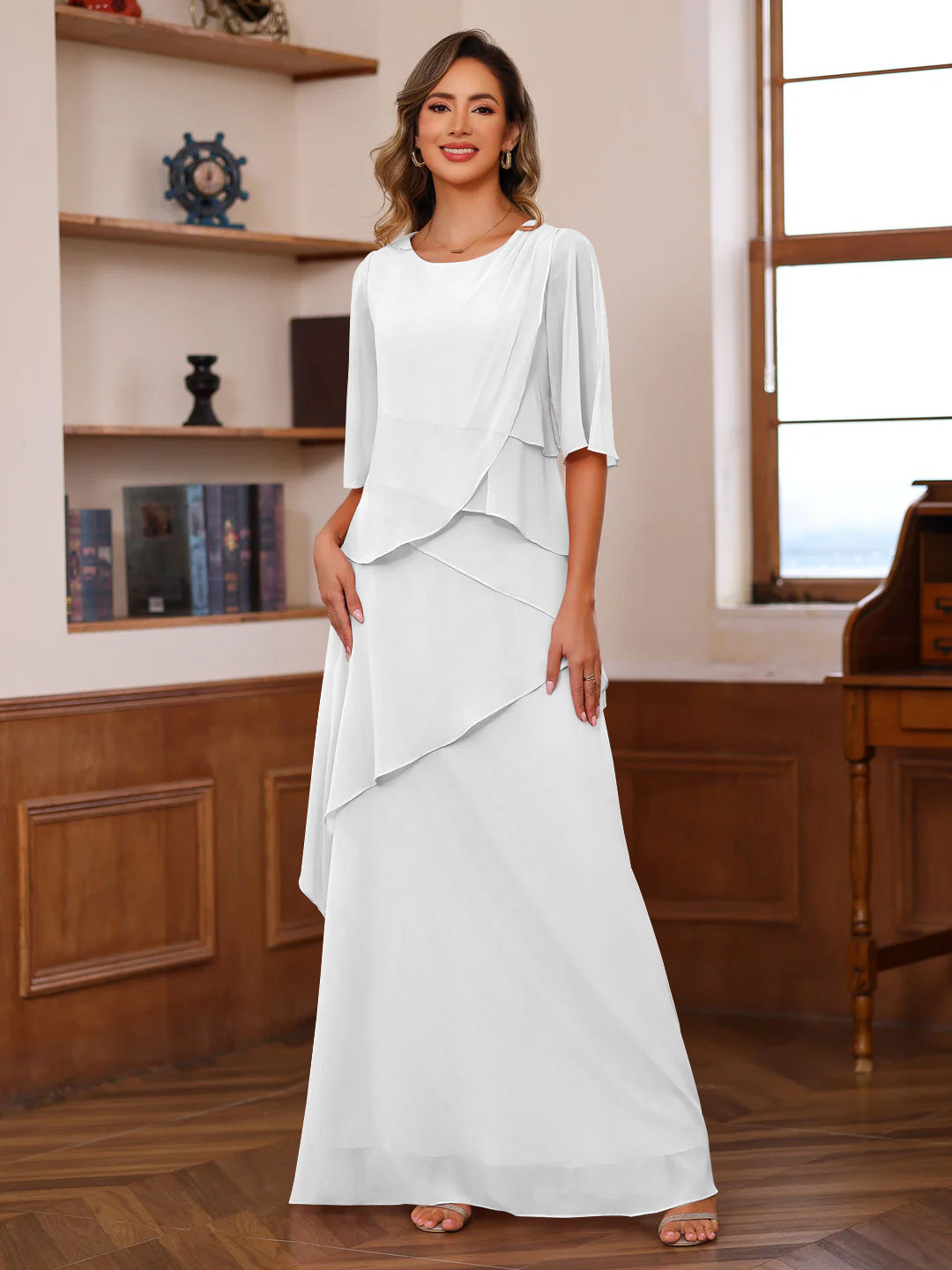 A-Line/Princess Scoop Neck Half Sleeves Floor-Length Mother of the Bride Dresses with Ruffles White A-Line/Princess Scoop Neck Half Sleeves Floor-Length Mother of the Bride Dresses with Ruffles White