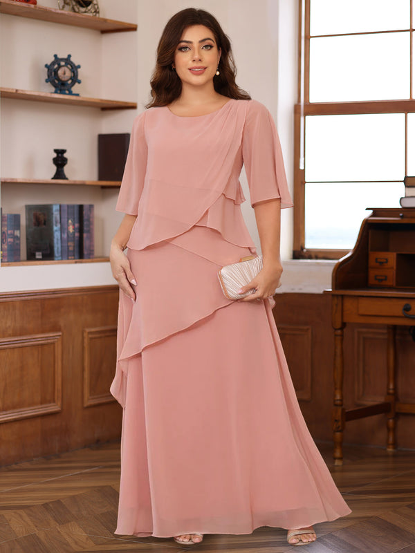 A-Line/Princess Scoop Neck Half Sleeves Floor-Length Plus Size Mother of the Bride Dresses with Ruffles