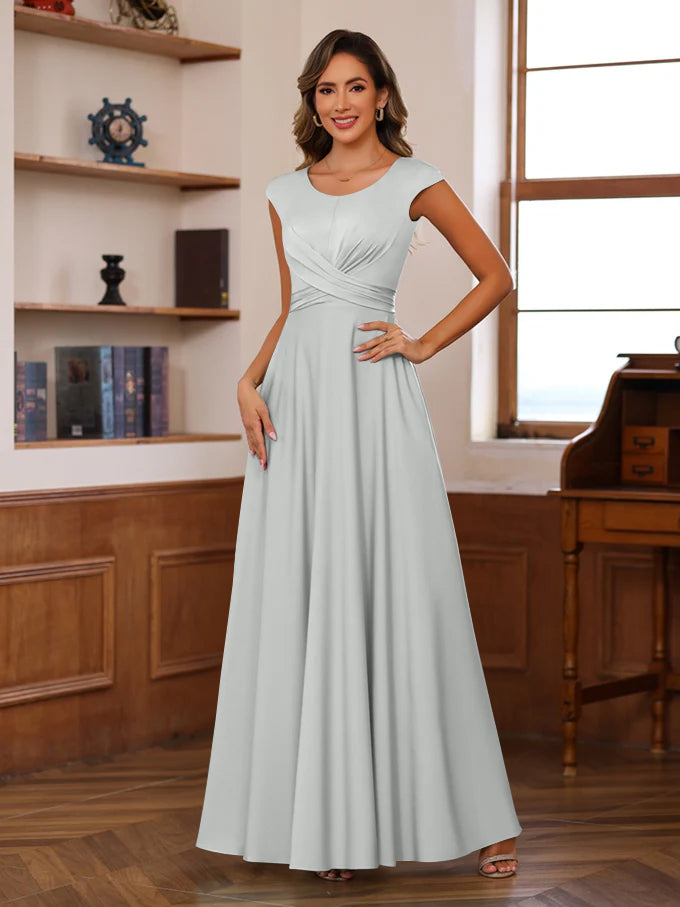 A-Line/Princess Scoop Neck Short Sleeves Floor-Length Mother of the Bride Dresses with Ruffles