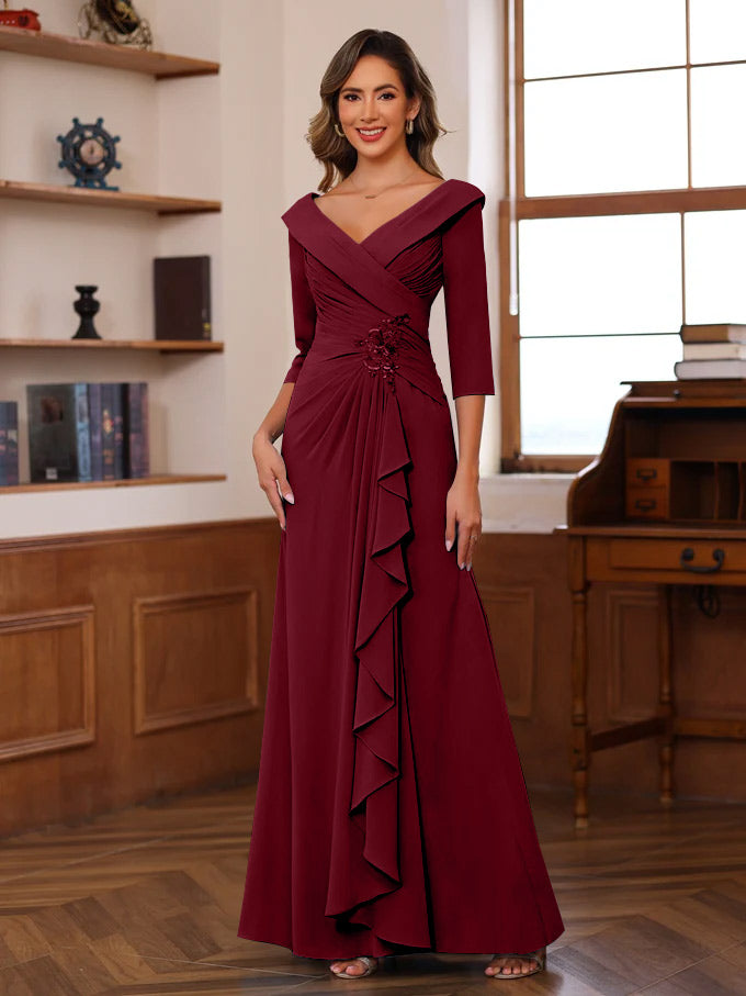 Sheath/Column V-Neck 3/4 Length Sleeves Floor-Length Unique Mother of the Bride Dresses with Ruffles & Appliques