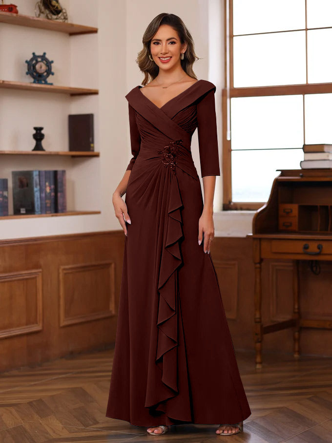 Sheath/Column V-Neck 3/4 Length Sleeves Floor-Length Unique Mother of the Bride Dresses with Ruffles & Appliques
