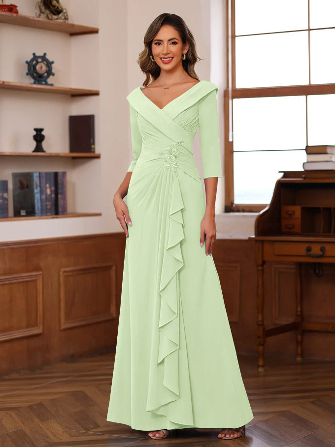 Sheath/Column V-Neck 3/4 Length Sleeves Floor-Length Unique Mother of the Bride Dresses with Ruffles & Appliques