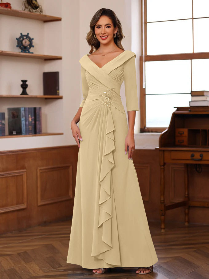 Sheath/Column V-Neck 3/4 Length Sleeves Floor-Length Unique Mother of the Bride Dresses with Ruffles & Appliques
