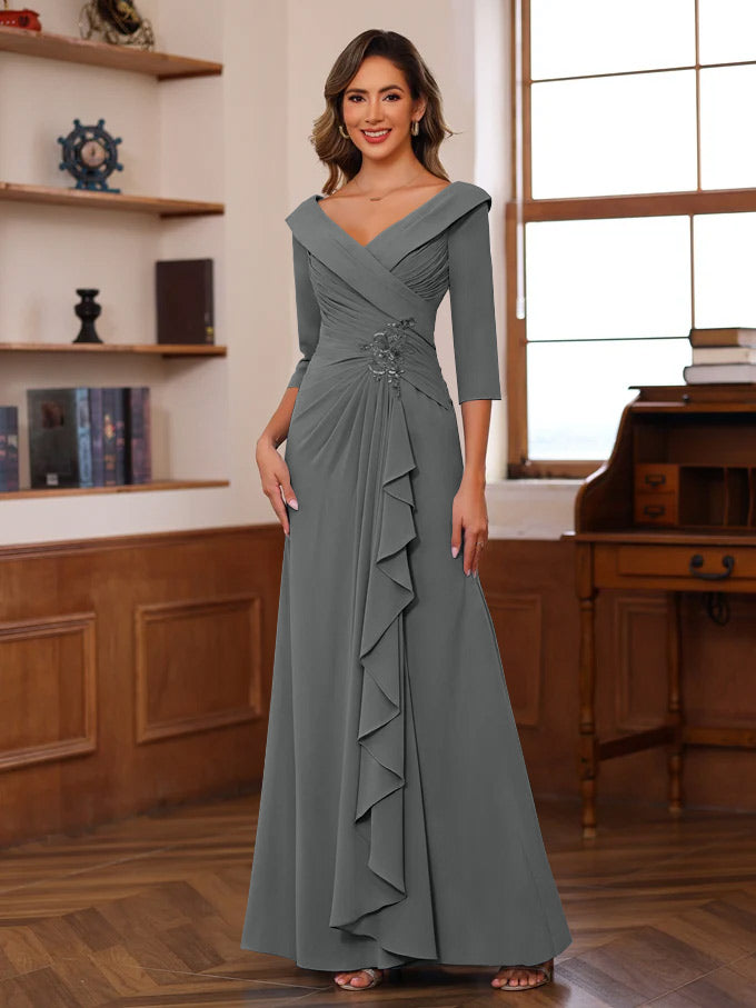 Sheath/Column V-Neck 3/4 Length Sleeves Floor-Length Unique Mother of the Bride Dresses with Ruffles & Appliques