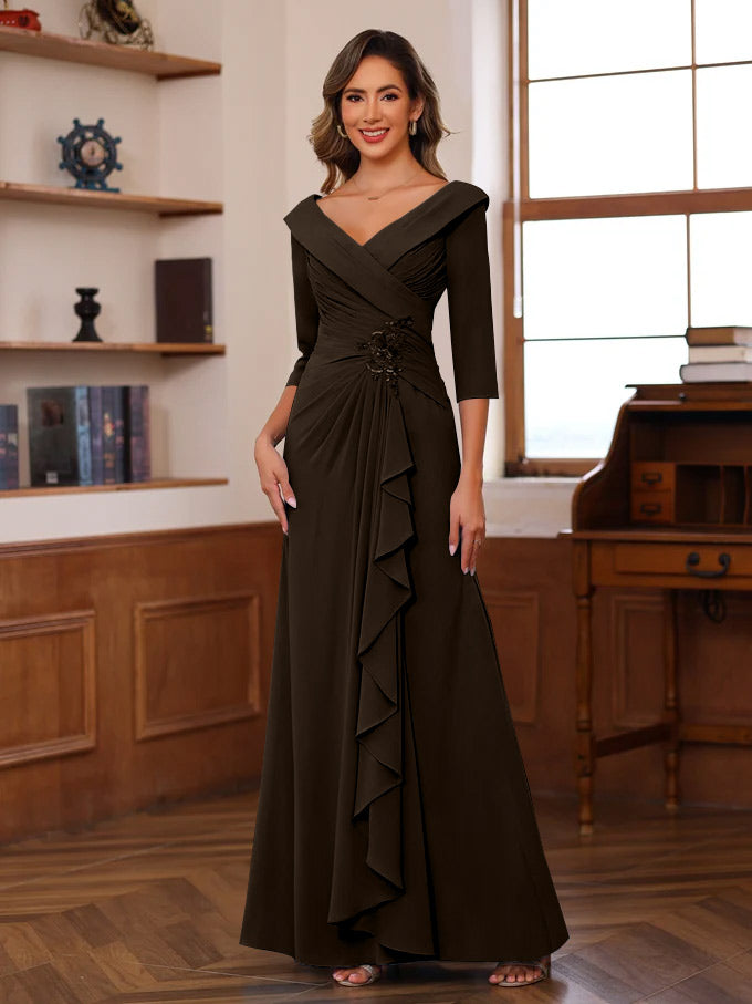 Sheath/Column V-Neck 3/4 Length Sleeves Floor-Length Unique Mother of the Bride Dresses with Ruffles & Appliques
