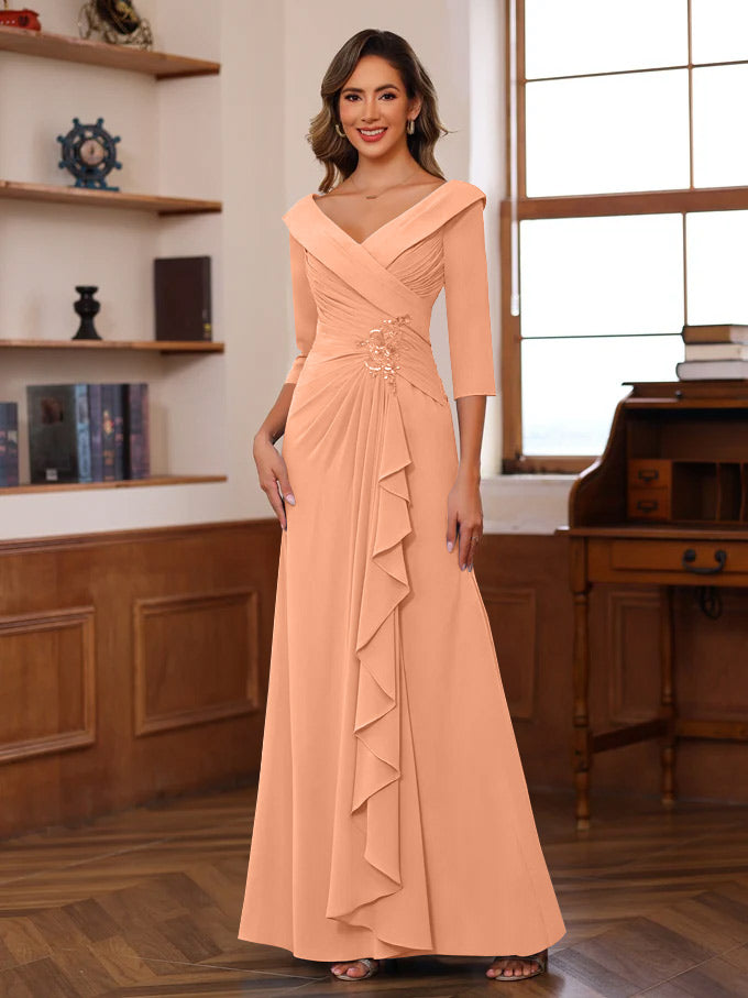 Sheath/Column V-Neck 3/4 Length Sleeves Floor-Length Unique Mother of the Bride Dresses with Ruffles & Appliques