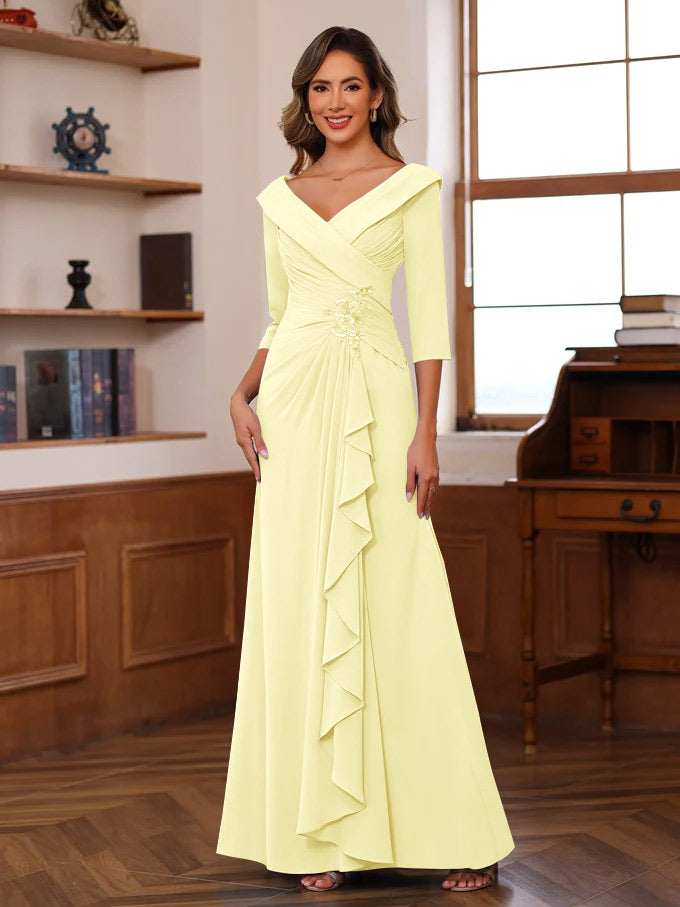 Sheath/Column V-Neck 3/4 Length Sleeves Floor-Length Unique Mother of the Bride Dresses with Ruffles & Appliques