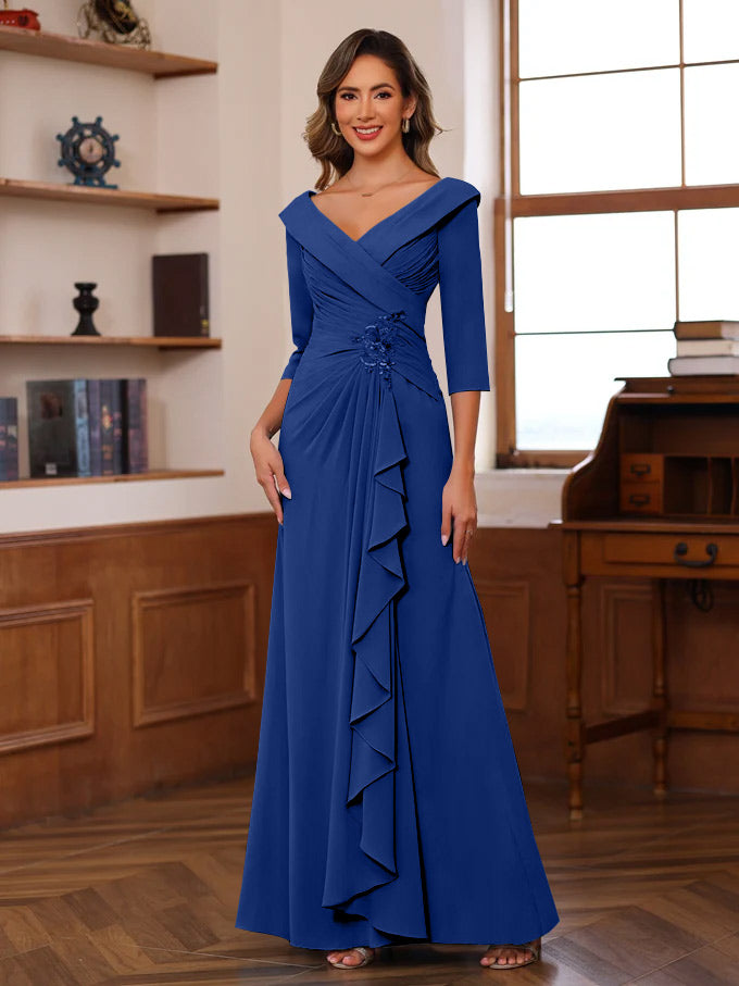 Sheath/Column V-Neck 3/4 Length Sleeves Floor-Length Unique Mother of the Bride Dresses with Ruffles & Appliques