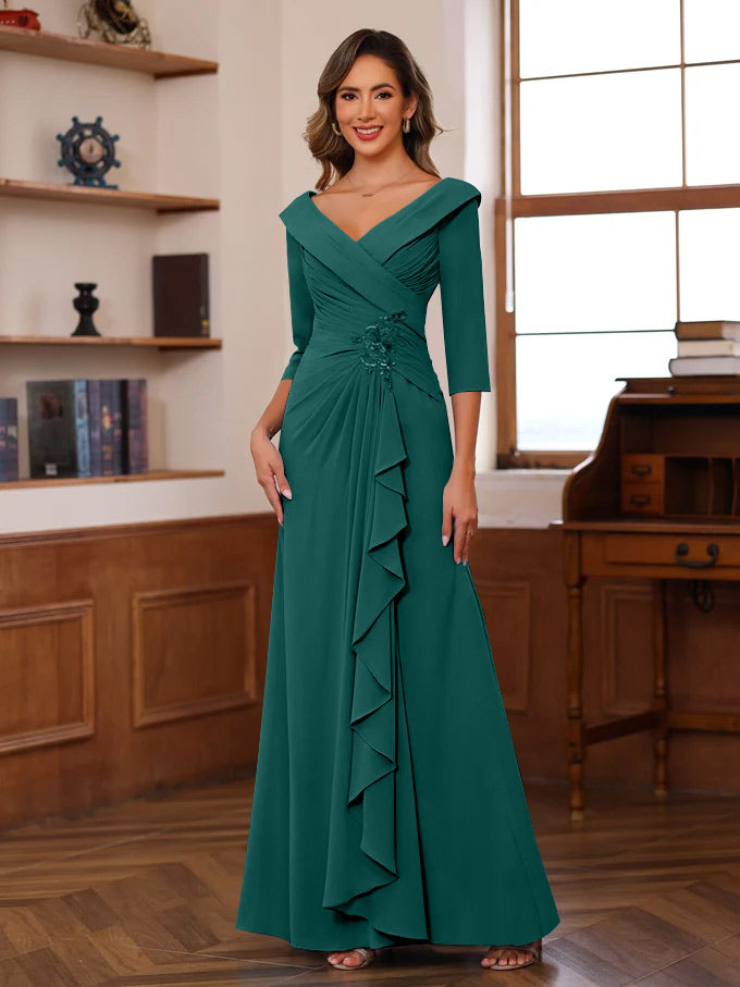 Sheath/Column V-Neck 3/4 Length Sleeves Floor-Length Unique Mother of the Bride Dresses with Ruffles & Appliques
