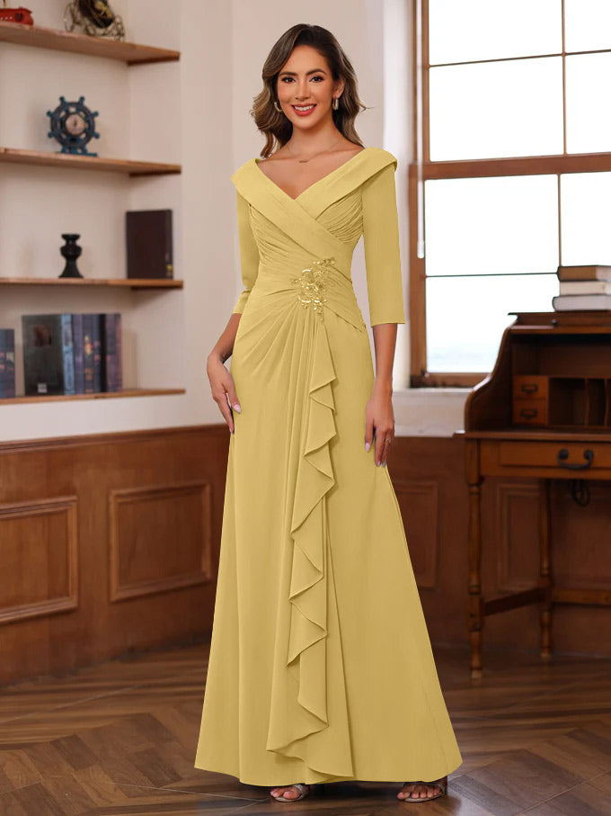 Sheath/Column V-Neck 3/4 Length Sleeves Floor-Length Unique Mother of the Bride Dresses with Ruffles & Appliques Gold Sheath/Column V-Neck 3/4 Length Sleeves Floor-Length Unique Mother of the Bride Dresses with Ruffles & Appliques Gold