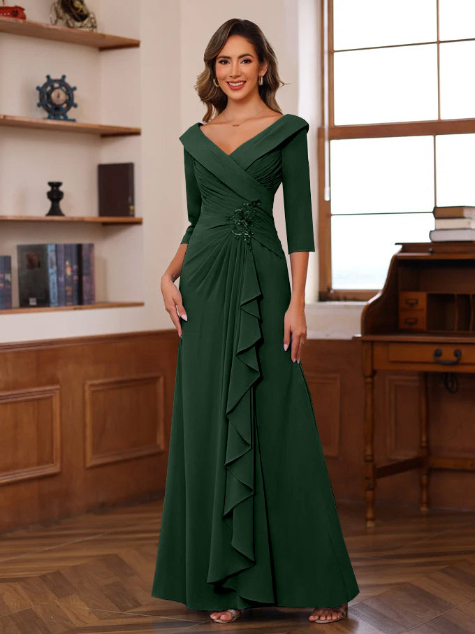 Sheath/Column V-Neck 3/4 Length Sleeves Floor-Length Unique Mother of the Bride Dresses with Ruffles & Appliques