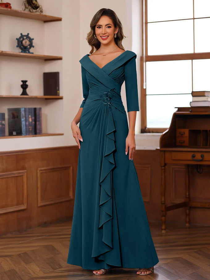 Sheath/Column V-Neck 3/4 Length Sleeves Floor-Length Unique Mother of the Bride Dresses with Ruffles & Appliques
