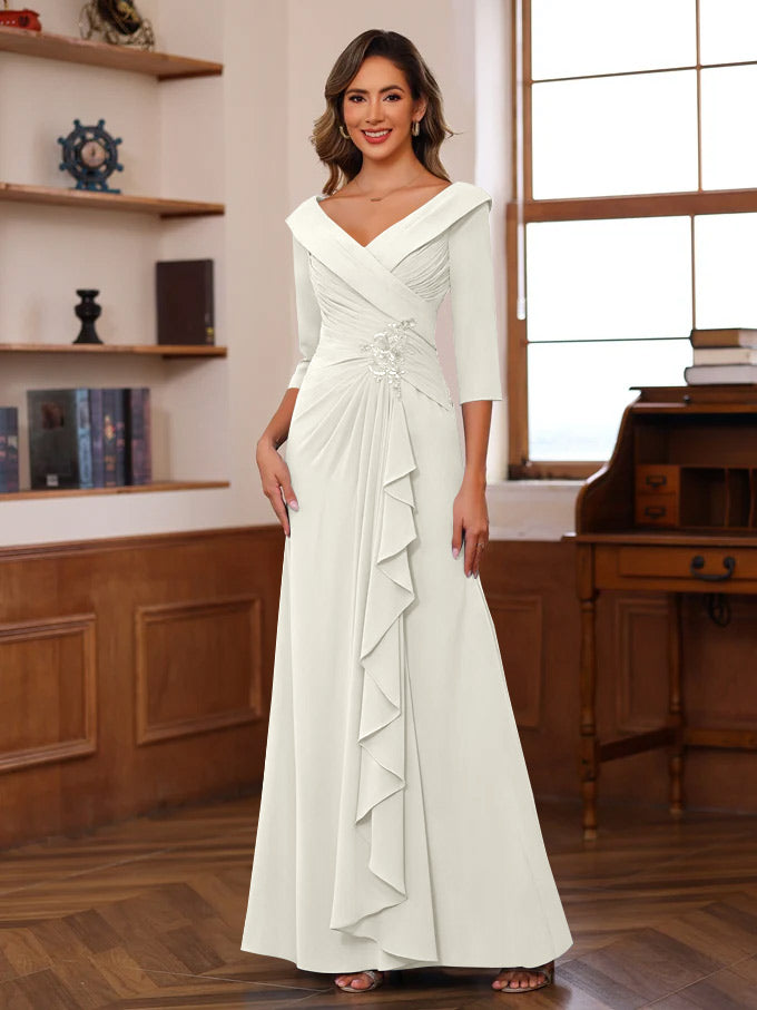 Sheath/Column V-Neck 3/4 Length Sleeves Floor-Length Unique Mother of the Bride Dresses with Ruffles & Appliques