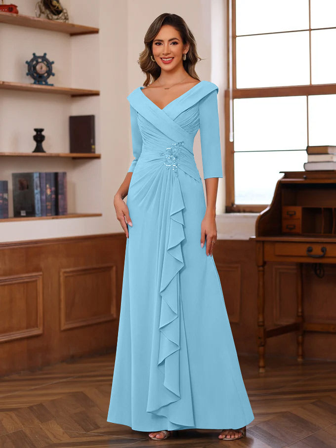 Sheath/Column V-Neck 3/4 Length Sleeves Floor-Length Unique Mother of the Bride Dresses with Ruffles & Appliques