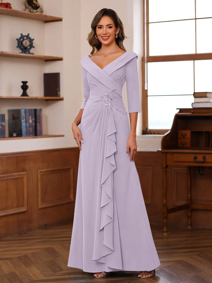 Sheath/Column V-Neck 3/4 Length Sleeves Floor-Length Unique Mother of the Bride Dresses with Ruffles & Appliques