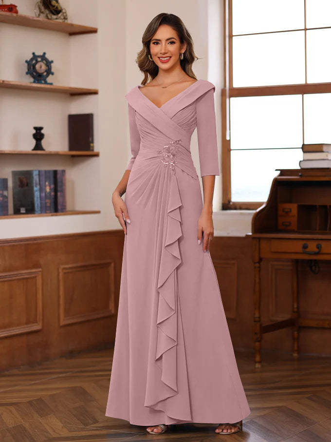 Sheath/Column V-Neck 3/4 Length Sleeves Floor-Length Unique Mother of the Bride Dresses with Ruffles & Appliques