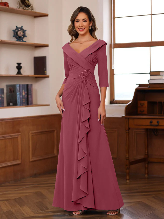 Sheath/Column V-Neck 3/4 Length Sleeves Floor-Length Unique Mother of the Bride Dresses with Ruffles & Appliques