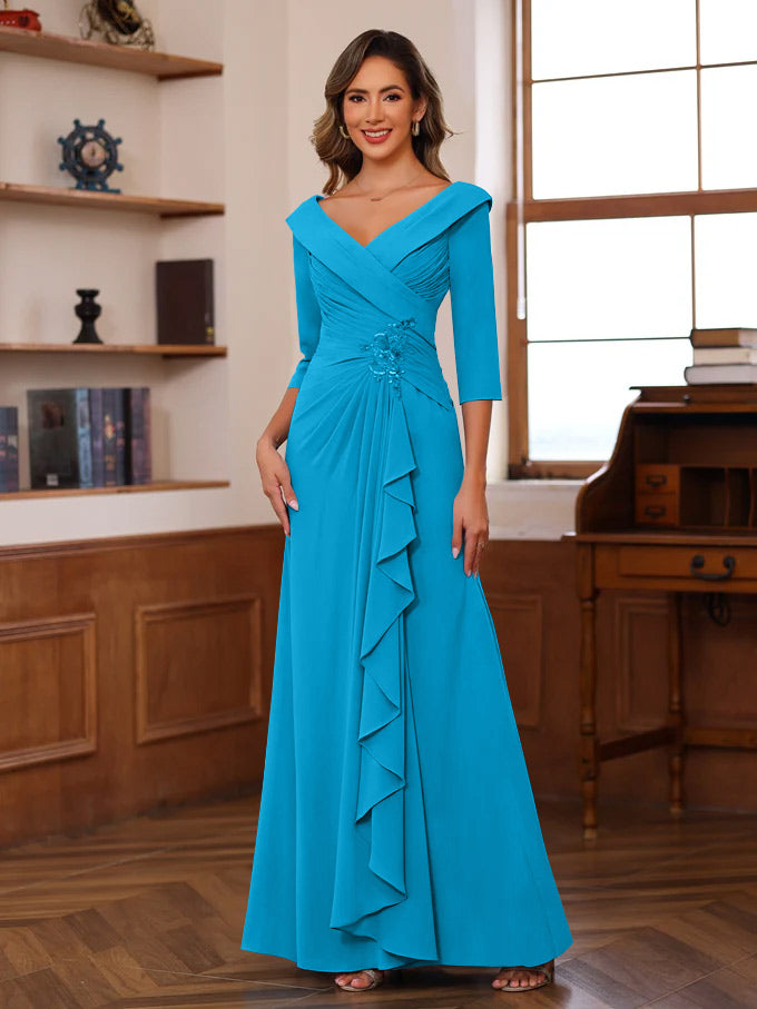 Sheath/Column V-Neck 3/4 Length Sleeves Floor-Length Unique Mother of the Bride Dresses with Ruffles & Appliques