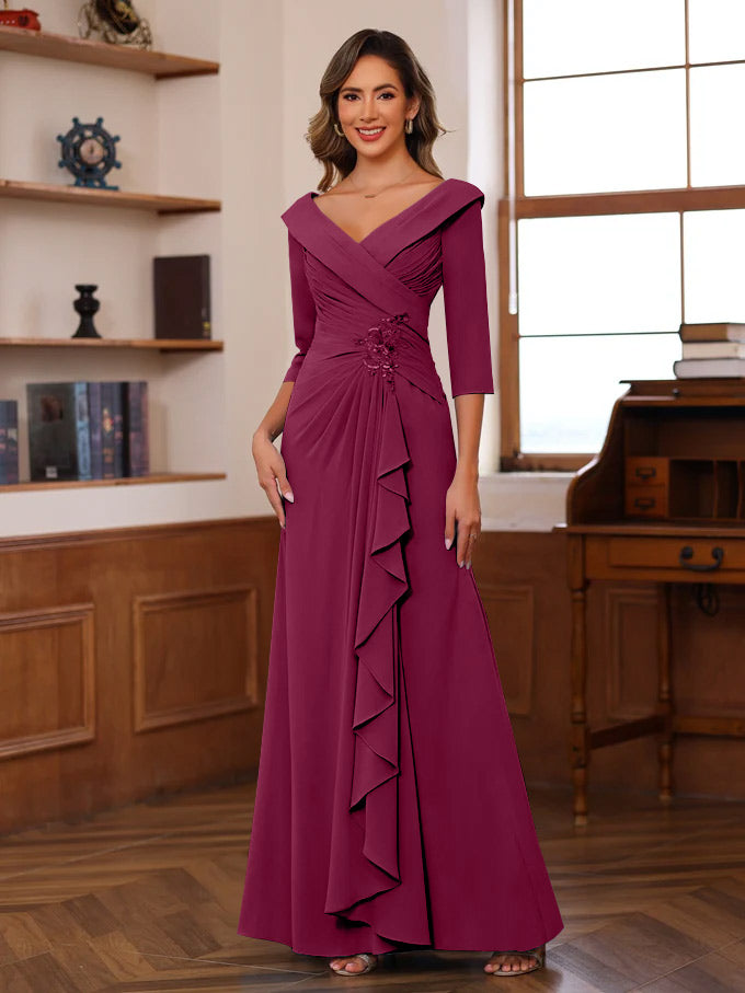 Sheath/Column V-Neck 3/4 Length Sleeves Floor-Length Unique Mother of the Bride Dresses with Ruffles & Appliques