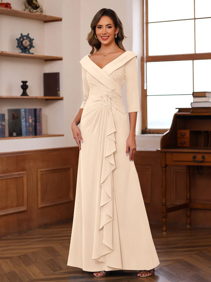 Sheath/Column V-Neck 3/4 Length Sleeves Floor-Length Unique Mother of the Bride Dresses with Ruffles & Appliques