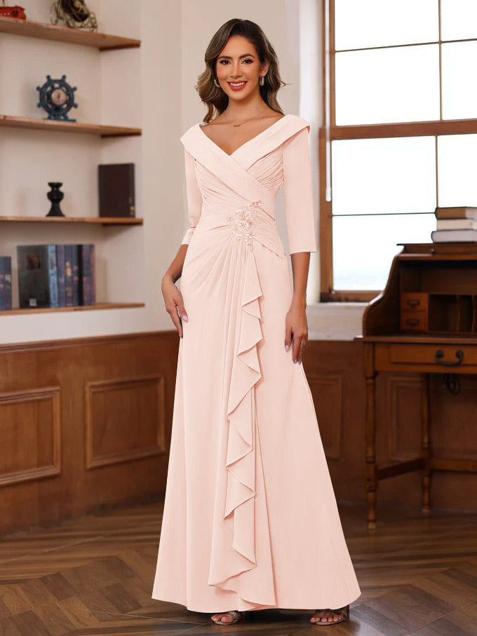 Sheath/Column V-Neck 3/4 Length Sleeves Floor-Length Unique Mother of the Bride Dresses with Ruffles & Appliques