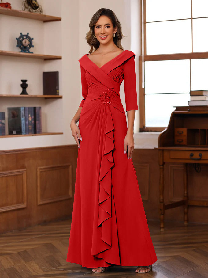 Sheath/Column V-Neck 3/4 Length Sleeves Floor-Length Unique Mother of the Bride Dresses with Ruffles & Appliques