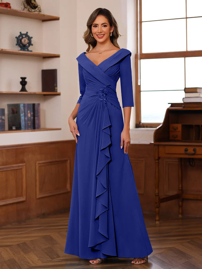 Sheath/Column V-Neck 3/4 Length Sleeves Floor-Length Unique Mother of the Bride Dresses with Ruffles & Appliques