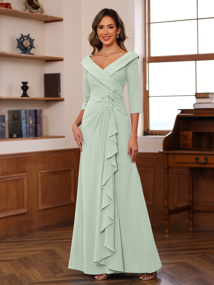 Sheath/Column V-Neck 3/4 Length Sleeves Floor-Length Unique Mother of the Bride Dresses with Ruffles & Appliques
