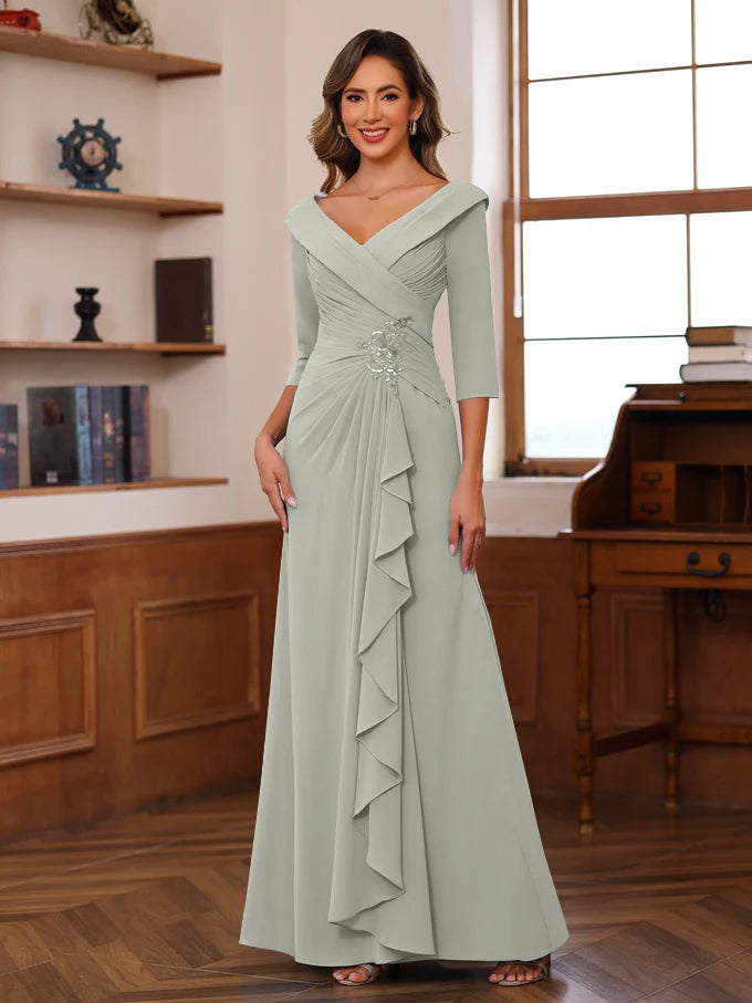 Sheath/Column V-Neck 3/4 Length Sleeves Floor-Length Unique Mother of the Bride Dresses with Ruffles & Appliques