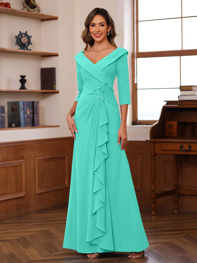 Sheath/Column V-Neck 3/4 Length Sleeves Floor-Length Unique Mother of the Bride Dresses with Ruffles & Appliques