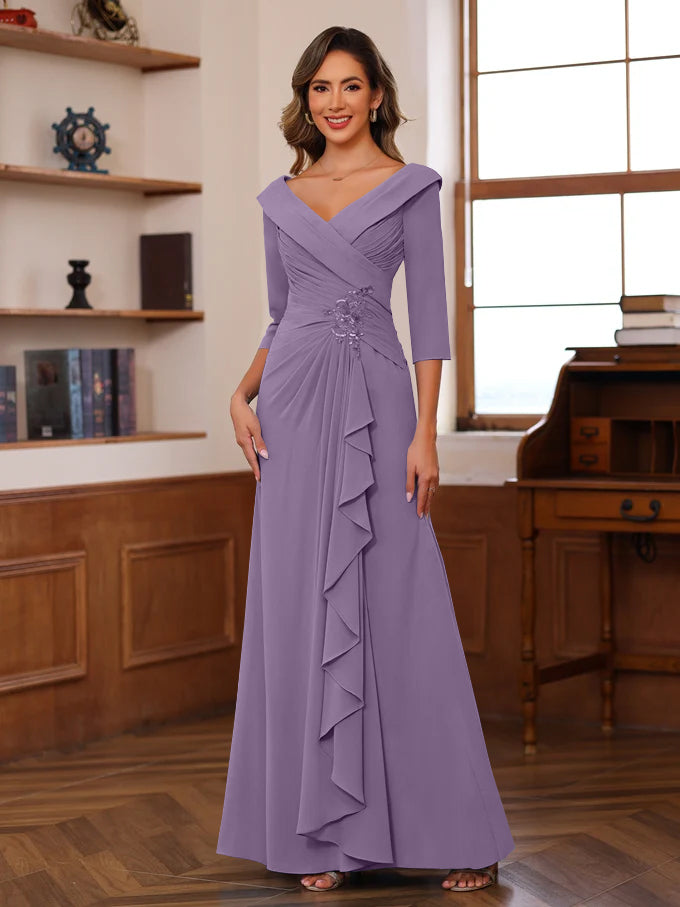 Sheath/Column V-Neck 3/4 Length Sleeves Floor-Length Unique Mother of the Bride Dresses with Ruffles & Appliques