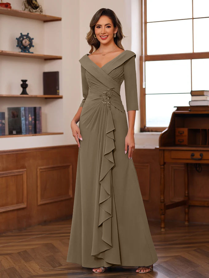Sheath/Column V-Neck 3/4 Length Sleeves Floor-Length Unique Mother of the Bride Dresses with Ruffles & Appliques