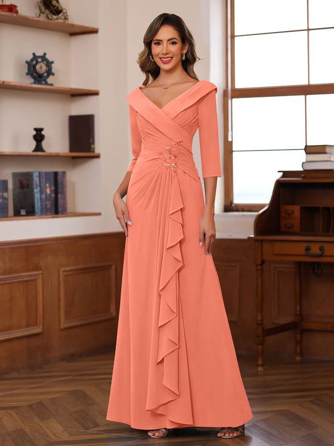Sheath/Column V-Neck 3/4 Length Sleeves Floor-Length Unique Mother of the Bride Dresses with Ruffles & Appliques