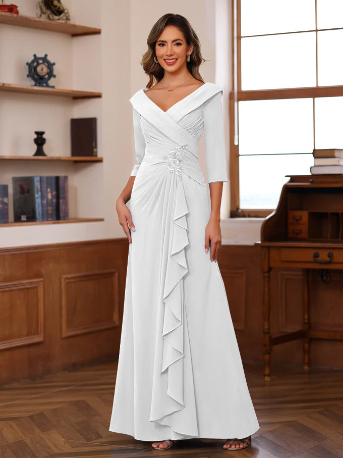 Sheath/Column V-Neck 3/4 Length Sleeves Floor-Length Unique Mother of the Bride Dresses with Ruffles & Appliques