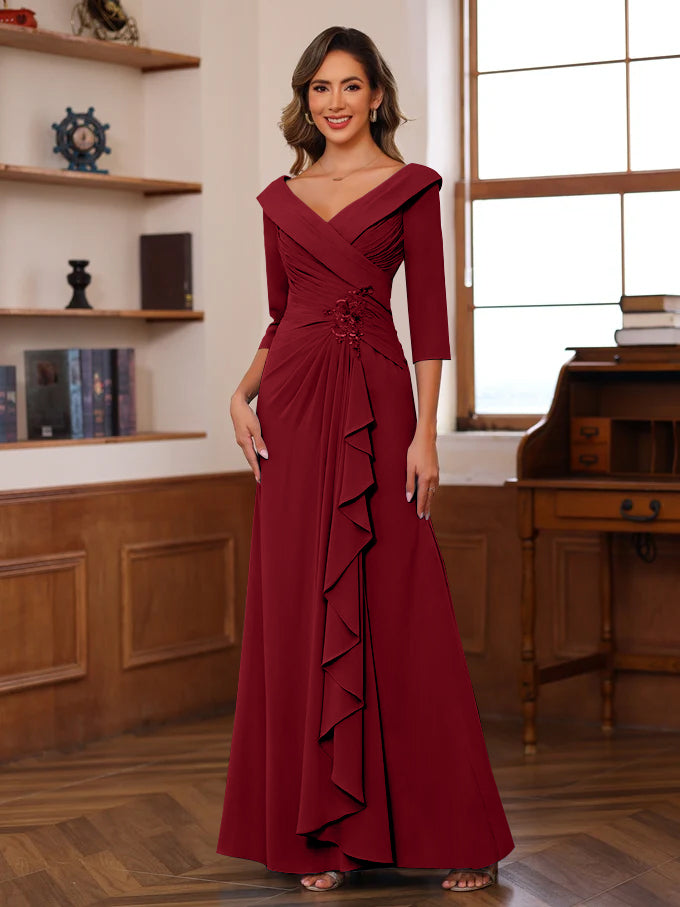 Sheath/Column V-Neck 3/4 Length Sleeves Floor-Length Unique Mother of the Bride Dresses with Ruffles & Appliques