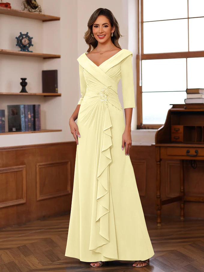 Sheath/Column V-Neck 3/4 Length Sleeves Floor-Length Unique Mother of the Bride Dresses with Ruffles & Appliques