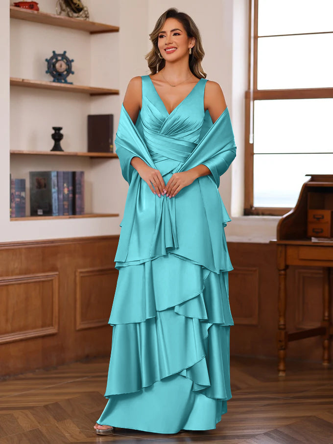 A-Line/Princess V-Neck Sleeveless Floor-Length Mother of the Bride Dresses With Ruffles & Wrap