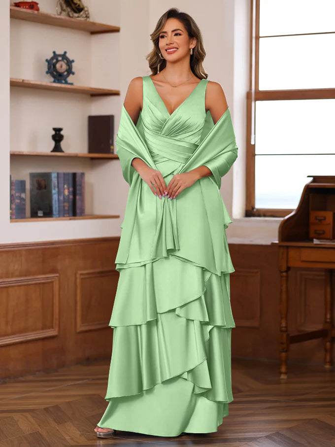 A-Line/Princess V-Neck Sleeveless Floor-Length Mother of the Bride Dresses With Ruffles & Wrap